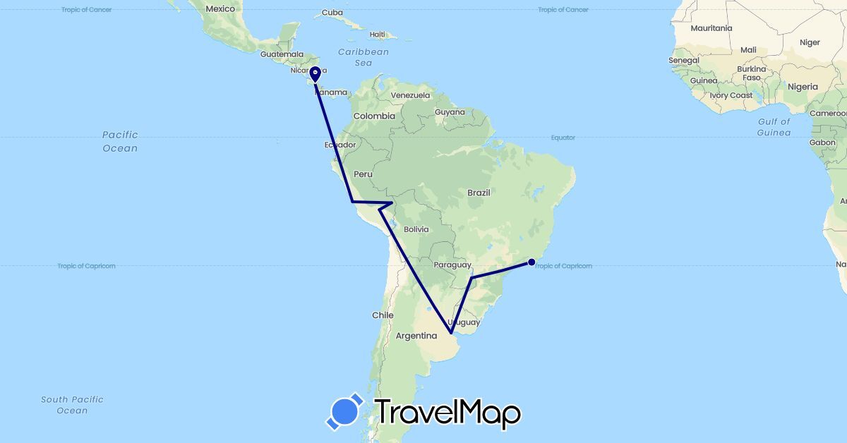 TravelMap itinerary: driving in Argentina, Brazil, Costa Rica, Peru (North America, South America)